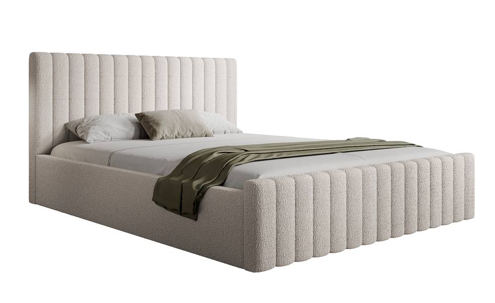 SELSEY Łóżko tapicerowane 140x200 cm Ramone beżowe z pojemnikiem stelaż metalowy boucle nogi czarne