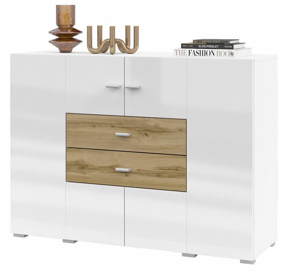 SELSEY Komoda dwudrzwiowa Hartar 121 cm z dwiema szufladami biała/dąb wotan