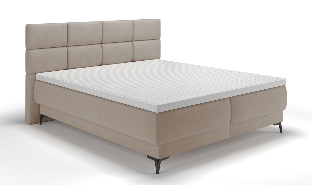 SELSEY Łóżko kontynentalne 140x200 cm Rektango z pojemnikiem i topperem beżowy welur