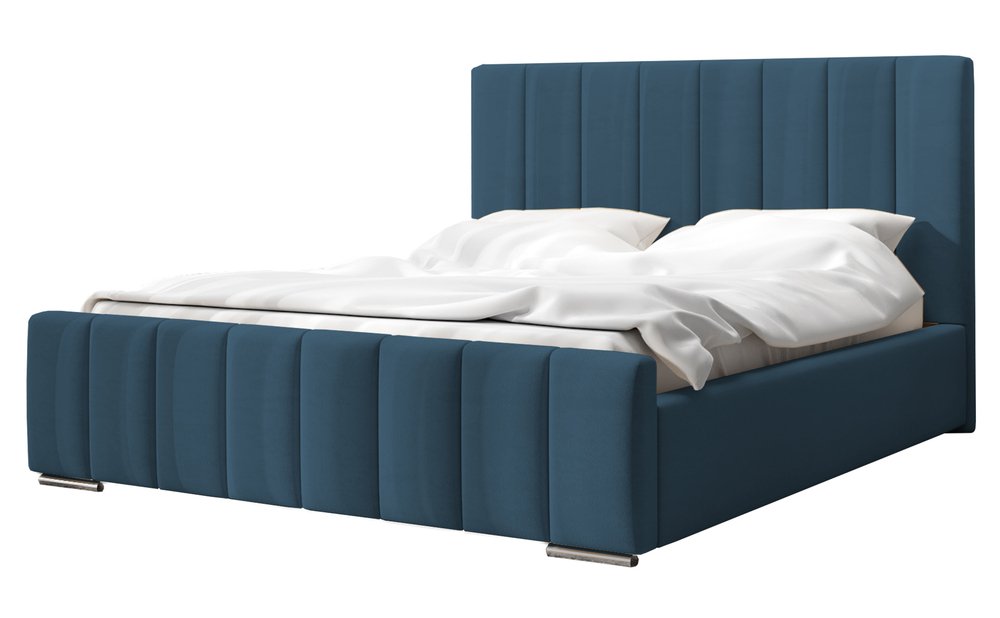 SELSEY Łóżko tapicerowane 160x200 cm Makonis z pojemnikiem i metalowym stelażem z podnośnikiem gazowym niebieskie welur