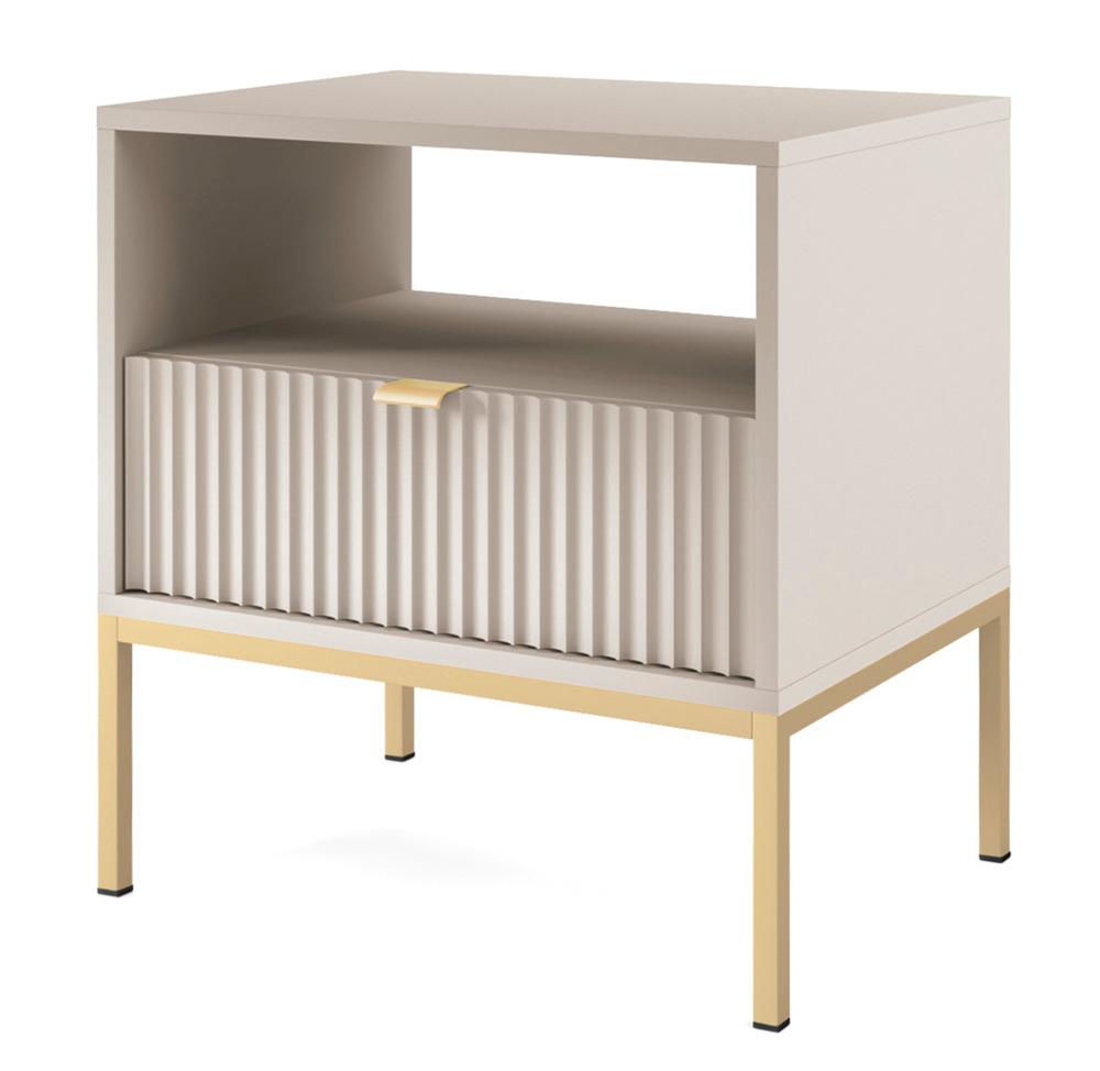 SELSEY Szafka nocna Vellore 54 cm kaszmir z ryflowanym frontem i złotym stelażem