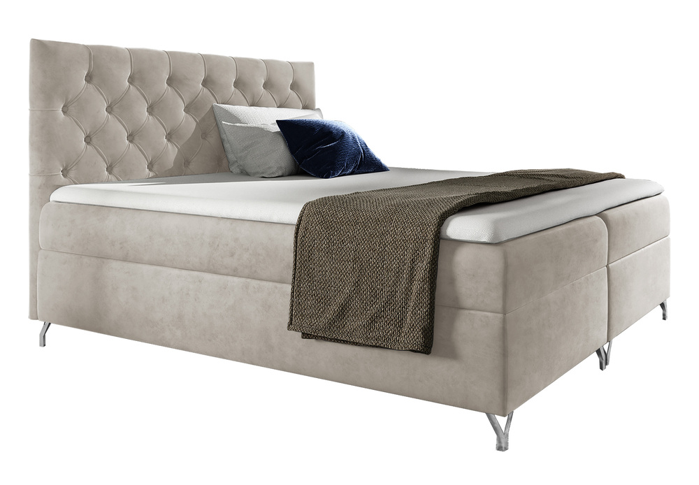 SELSEY Łóżko kontynentalne Lozanna 140x200 z dwoma pojemnikami, materacem i topperem szarobeżowe