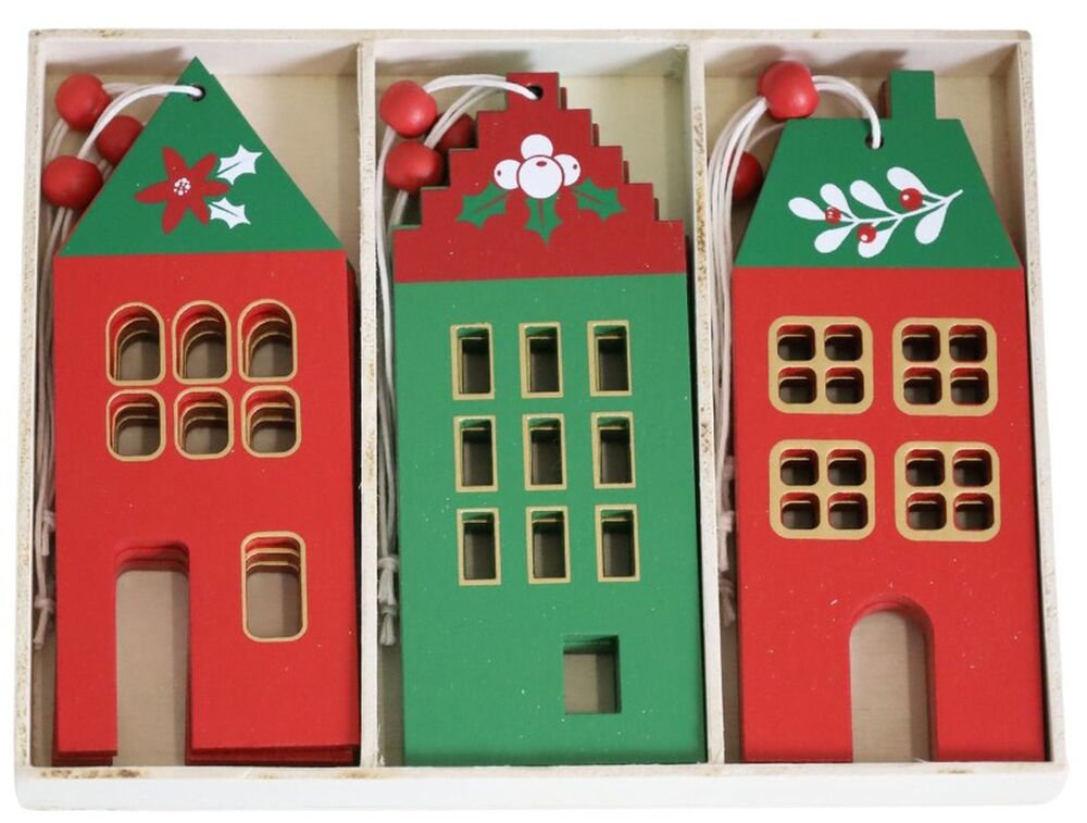 SELSEY Zestaw dziewięciu zawieszek świątecznych Brawja drewniane czerwono-zielone