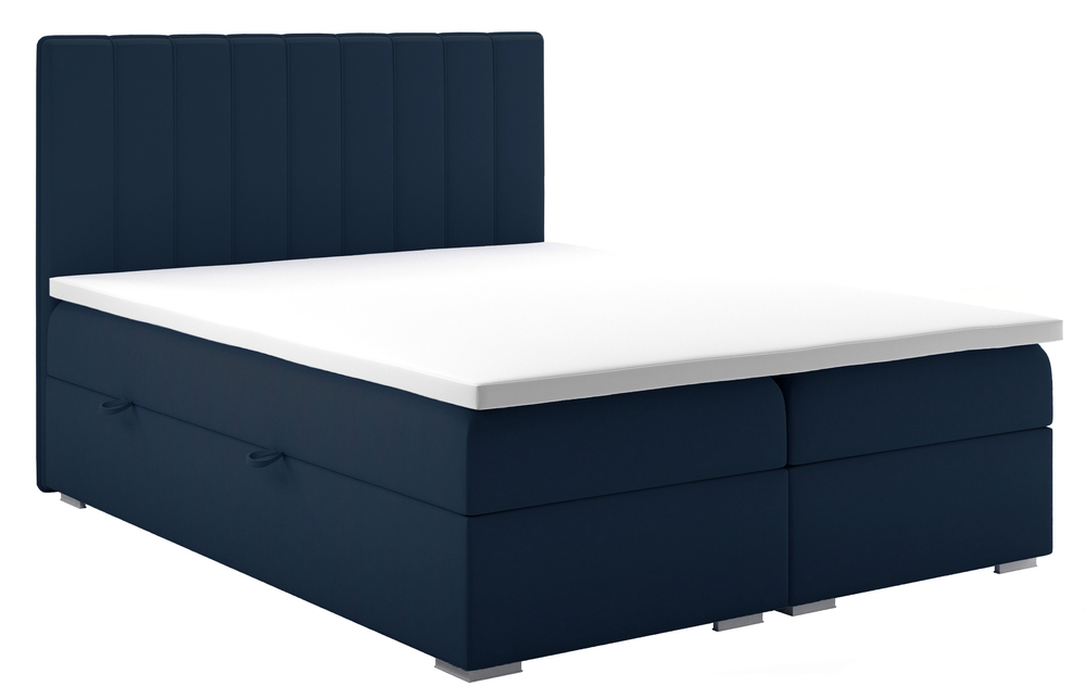 SELSEY Łóżko kontynentalne 160x200 cm Hunbert z pojemnikami i topperem granatowe welur hydrofobowy
