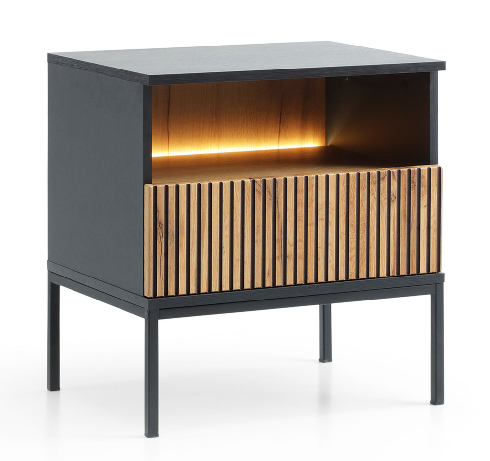 SELSEY Szafka nocna Tosena z szufladą i oświetleniem LED 54 cm Czarny/Dąb wotan