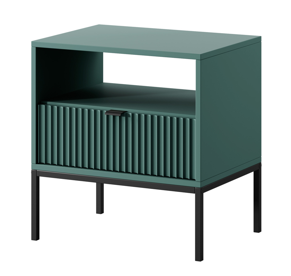 SELSEY Szafka nocna Vellore 54 cm zielona z ryflowanym frontem, czarnymi uchwytami i stelażem