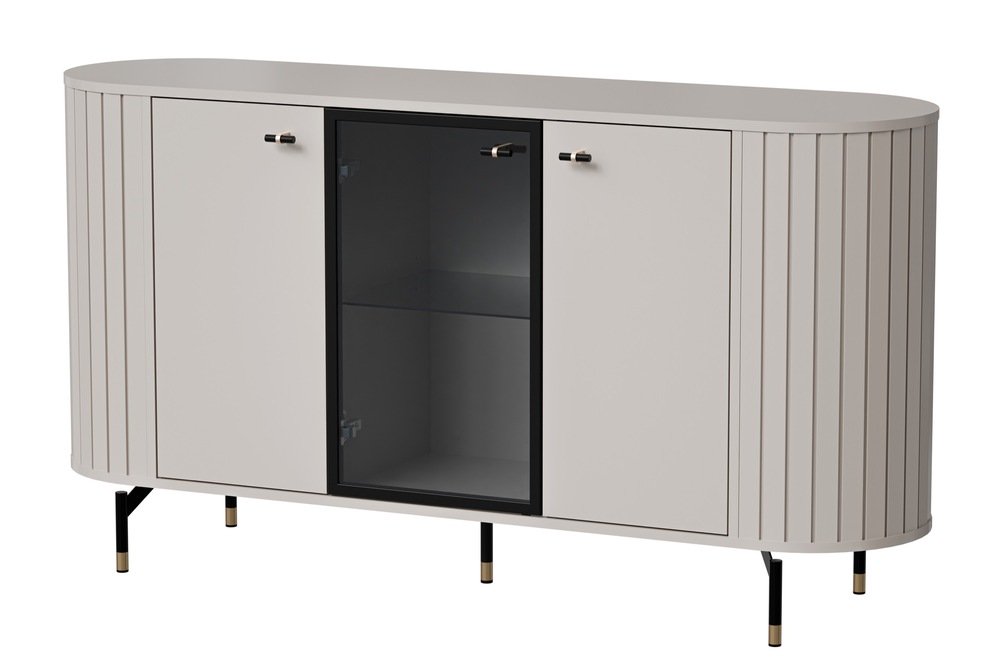 SELSEY Komoda trzydrzwiowa Zante z ryflami i szklanym frontem 150 cm szary beż