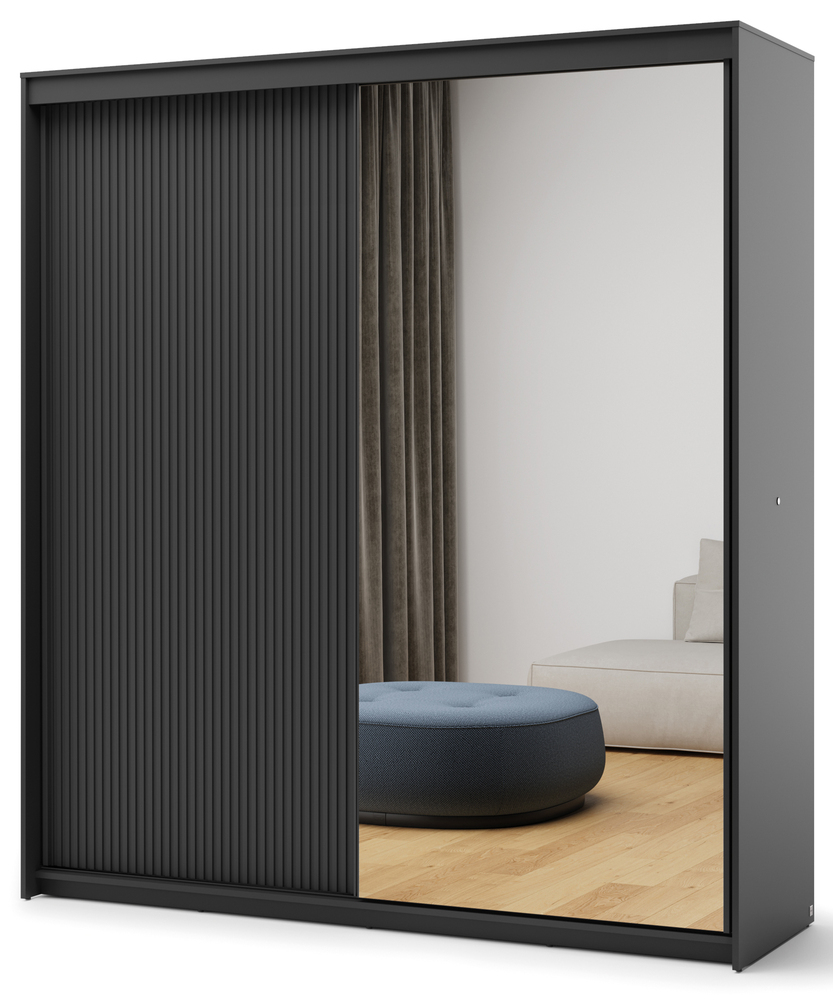 SELSEY Szafa przesuwna Trend dwudrzwiowa z lustrem i oświetleniem 200 cm ryflowany front czarna