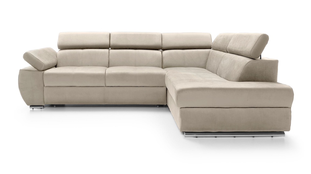 SELSEY Narożnik z funkcją spania Ararip 268 cm L-kształtny z regulowanymi zagłówkami i pojemnikiem jasnobeżowy welur hydrofobowy prawostronny