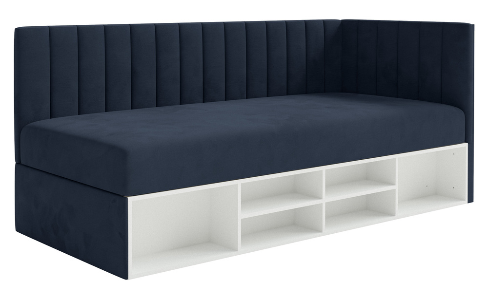 SELSEY Łóżko młodzieżowe 90x200 cm Ventrio prawostronne z pojemnikiem i półkami granatowe welur hydrofobowy łatwoczyszczący