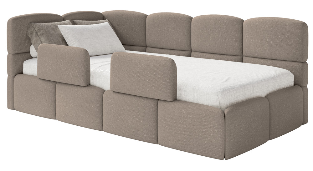 SELSEY Łóżko młodzieżowe 90x200 cm Cloudy lewostronne z pojemnikiem i barierkami jasnobrązowe szenil