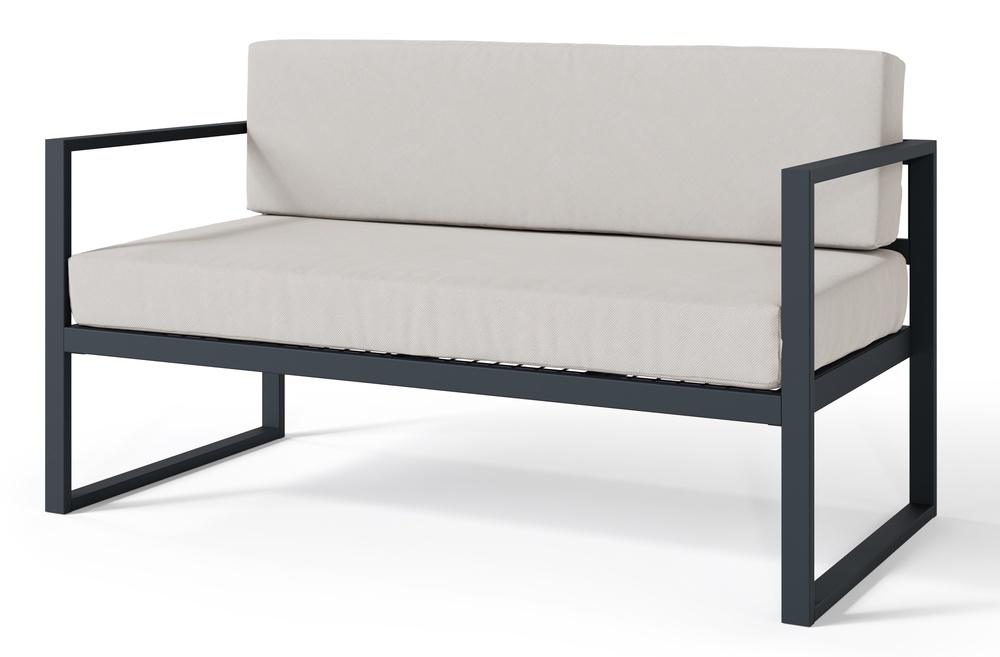 SELSEY Sofa ogrodowa dwuosobowa Dywilly w tkaninie hydrofobowej szara/ czarny stelaż