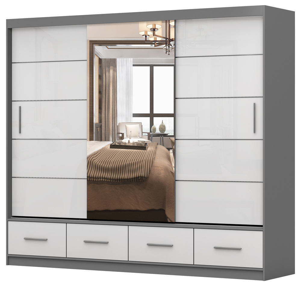 SELSEY Szafa przesuwna Follrina 250 cm z lustrem szara/biały połysk