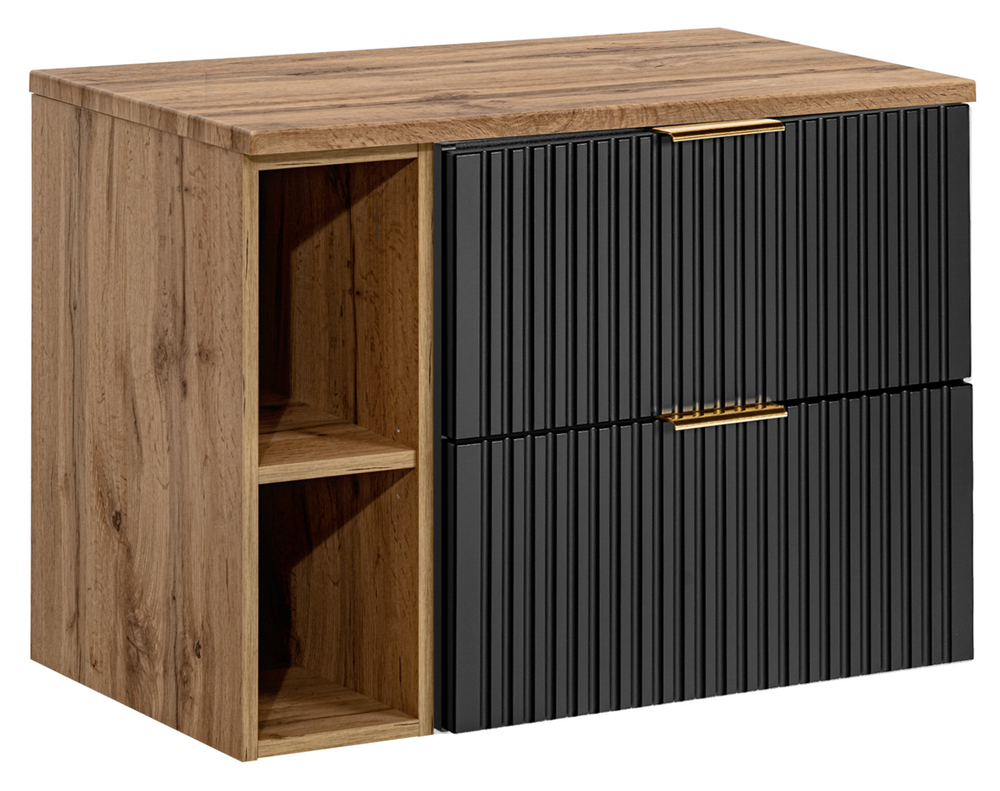 SELSEY Szafka łazienkowa dwuszufladowa Temirni z blatem i otwartymi półkami 80 cm czarna/dąb wotan
