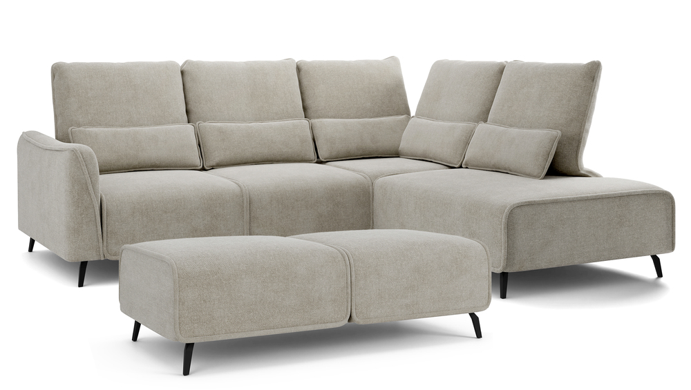 SELSEY Narożnik z funkcją spania Rumbia z pufą L-kształtny z boczkiem szarobeżowy z regulowanym oparciem w tkaninie łatwoczyszczcej plecionka nogi cza