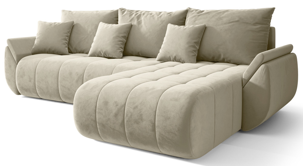 SELSEY Narożnik z funkcją spania Romuldi L-kształtny prawostronny z pojemnikiem kremowy welur hydrofobowy