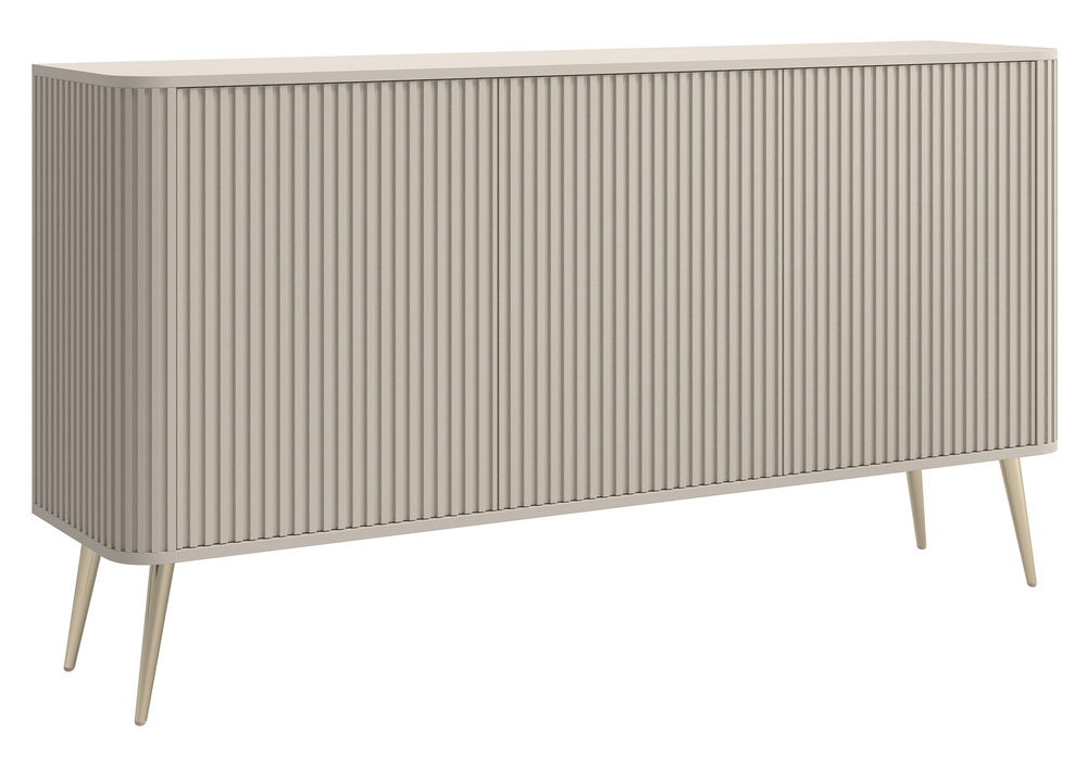 SELSEY Komoda Ovarlo z ryflami trzydrzwiowa 163 cm beż piaskowy ze złotymi nogami