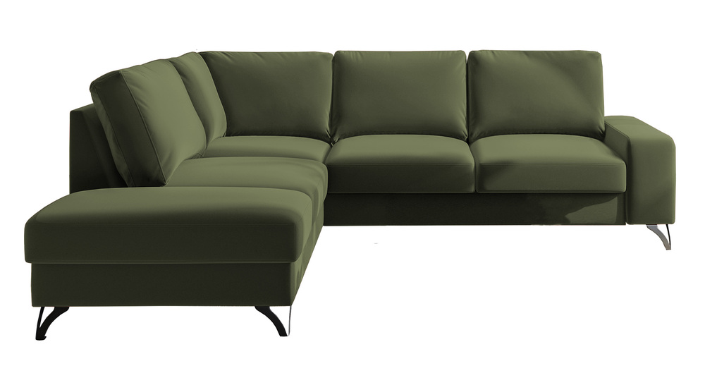 SELSEY Narożnik z funkcją spania Bewello L-kształtny z boczkiem i pojemnikiem oliwkowy welur łatwoczyszczący hydrofobowy lewostronny