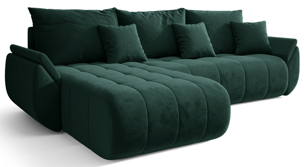 SELSEY Narożnik z funkcją spania Romuldi L-kształtny lewostronny z pojemnikiem zielony welur hydrofobowy