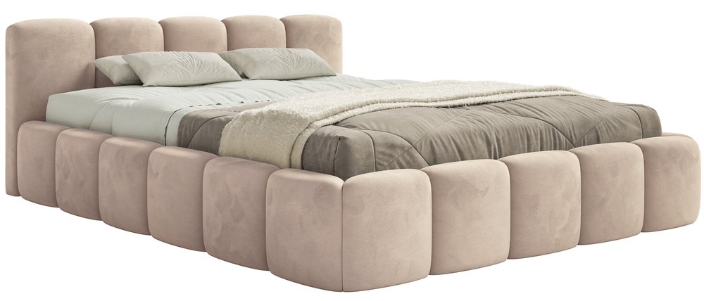 SELSEY Łóżko tapicerowane 200x200 cm Cloudy Low beżowe welur hydrofobowy łatwoczyszczący stelaż drewniany