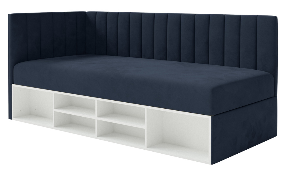 SELSEY Łóżko młodzieżowe 90x200 cm Ventrio lewostronne z pojemnikiem i półkami granatowe welur hydrofobowy łatwoczyszczący