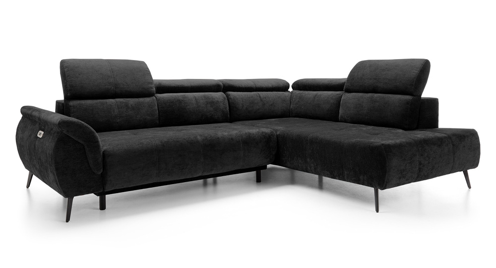 SELSEY Narożnik z funkcją spania Mamutio L-kształtny z boczkiem i elektrycznie wysuwanym siedziskiem czarny szenil prawostronny