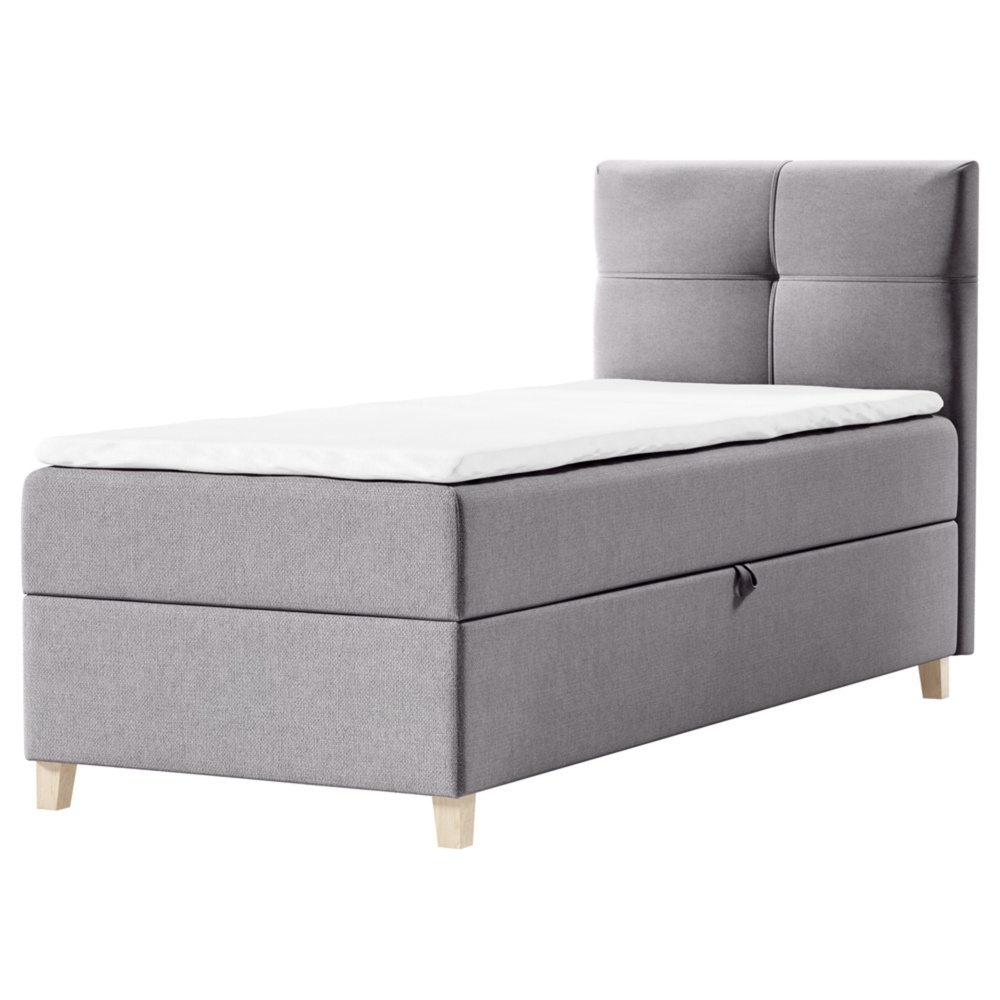 SELSEY Łóżko kontynentalne 90x200 cm Firmini z pojemnikiem i topperem jednoosobowe szare welur lewostronne