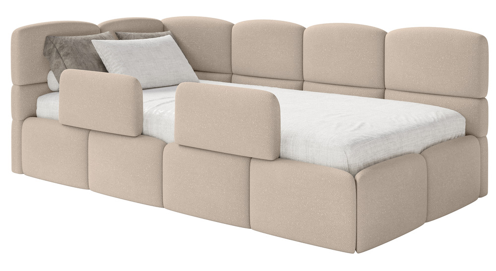 SELSEY Łóżko młodzieżowe 90x200 cm Cloudy lewostronne z materacem pojemnikiem i barierkami beżowe szenil