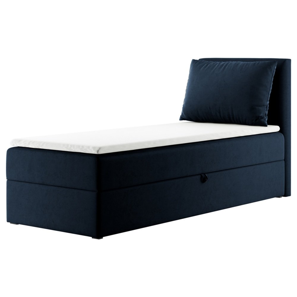 SELSEY Łóżko kontynentalne 80x200 cm Fayence z pojemnikiem i topperem jednoosobowe granatowe prawostronne