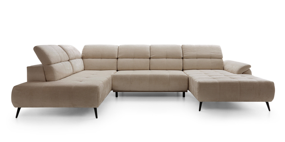 SELSEY Narożnik z funkcją spania Mamutio U-kształtny z elektrycznie wysuwanym siedziskiem i regulowanymi zagłówkami beżowy szenil lewostronny