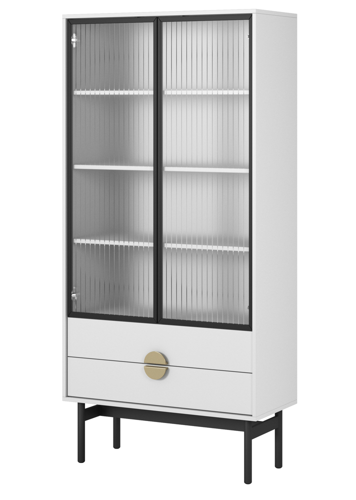 SELSEY Witryna wysoka Stoon 85 cm z czterema półkami i dwiema szufladami Biała