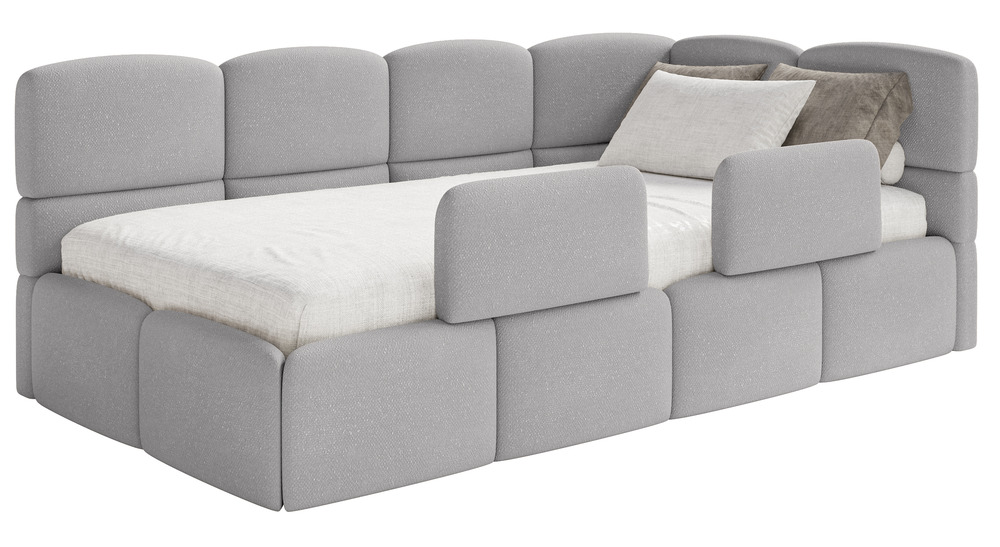 SELSEY Łóżko młodzieżowe 90x200 cm Cloudy prawostronne z pojemnikiem i barierkami jasnoszare szenil