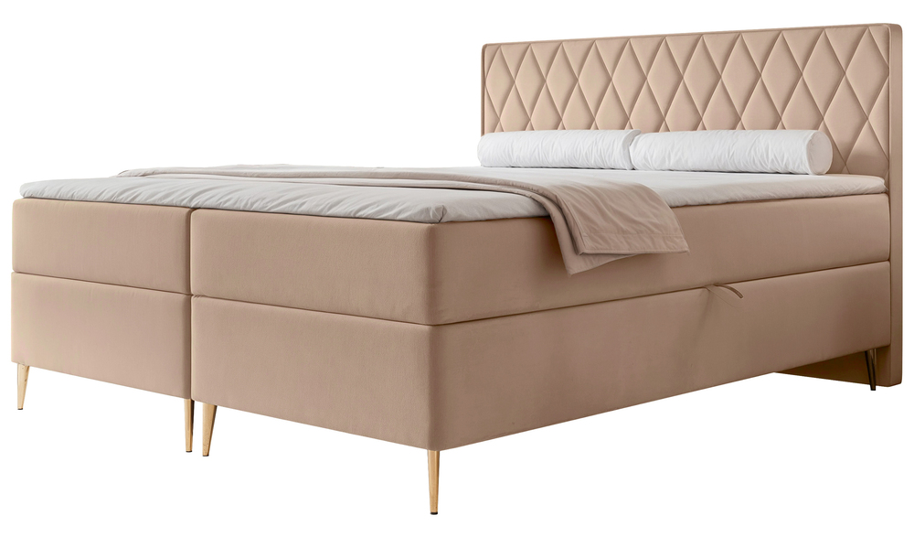 SELSEY Łóżko kontynentalne 140x200 cm Caresso z materacem bonellowym i topperem beżowe welur hydrofobowy