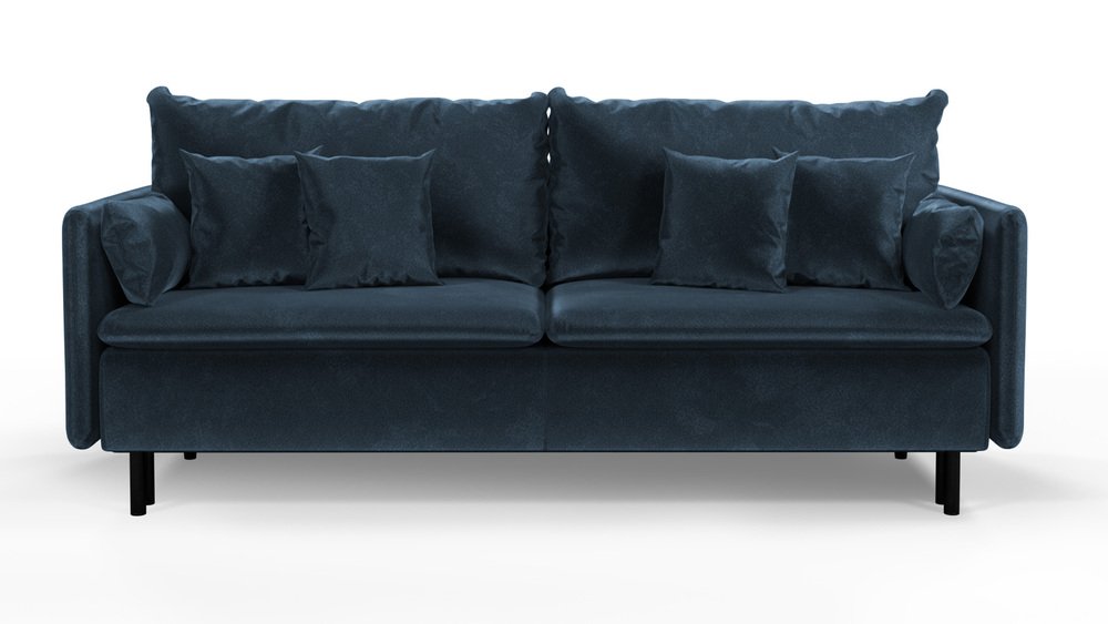 SELSEY Kanapa rozkładana trzyosobowa Gennario z pojemnikiem na czarnych nogach granatowa welur łatwoczyszczący