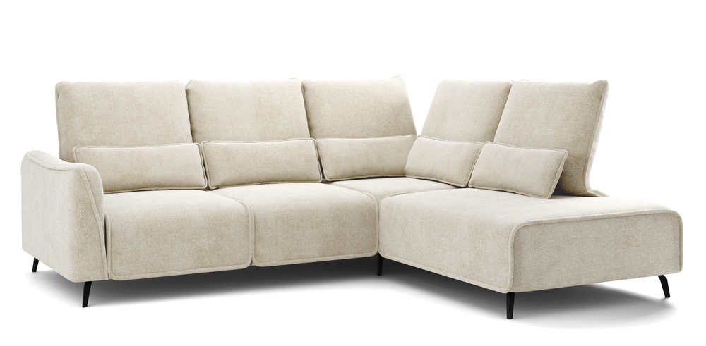 SELSEY Narożnik Rumbia L-kształtny z boczkiem kremowy z regulowanym oparciem w tkaninie łatwoczyszczcej plecionka nogi czarne prawostronny