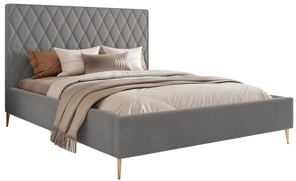SELSEY Łóżko tapicerowane 180x200 cm Caro z pojemnikiem szare welur hydrofobowy złote nóżki