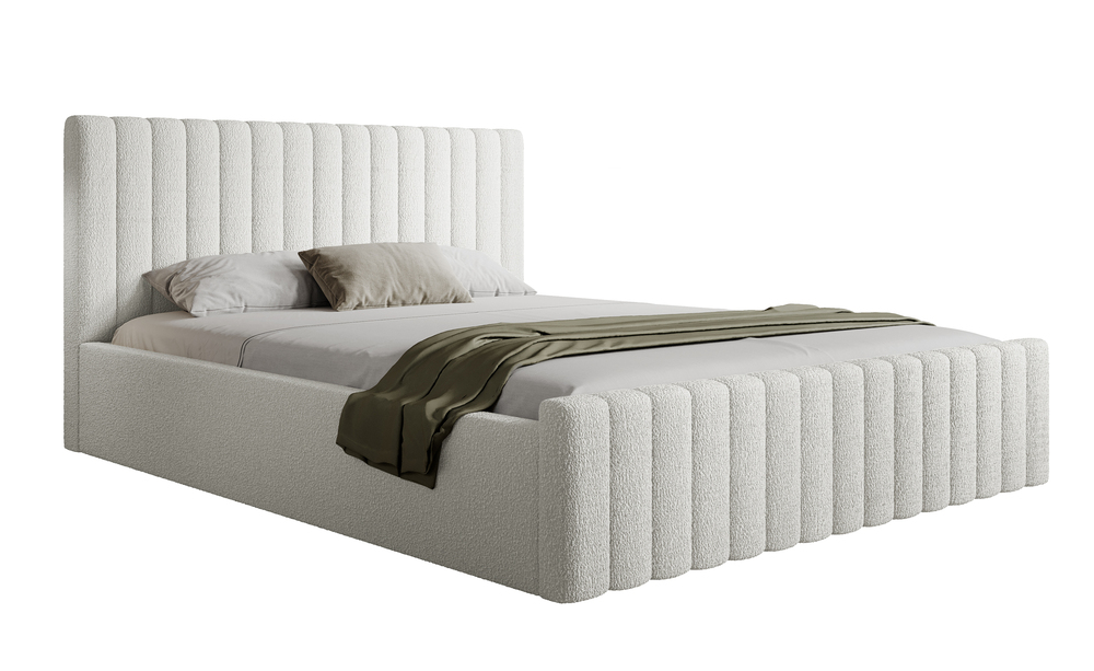 SELSEY Łóżko tapicerowane 160x200 cm Ramone kremowe z pojemnikiem stelaż metalowy boucle nogi czarne