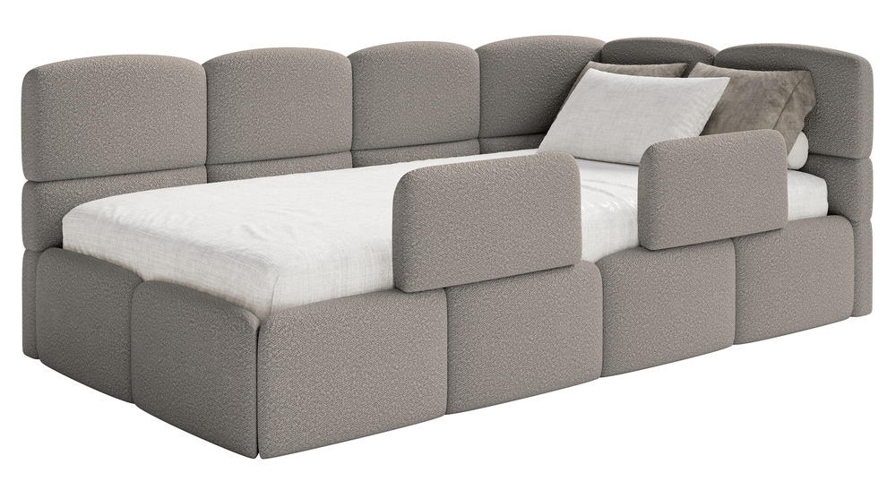 SELSEY Łóżko młodzieżowe 90x200 cm Cloudy prawostronne z materacem pojemnikiem i barierkami szare boucle