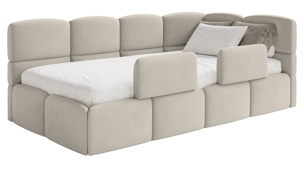 SELSEY Łóżko młodzieżowe 90x200 cm Cloudy prawostronne z materacem pojemnikiem i barierkami jasnobeżowe welur hydrofobowy łatwoczyszczący