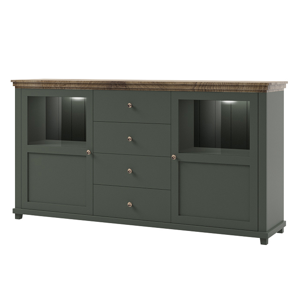 SELSEY Komoda dwudrzwiowa Euglia 181 cm z szufladami zielona z blatem dąb Lefkas