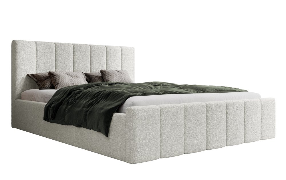 SELSEY Łóżko tapicerowane 160x200 cm Neroma kremowe z pojemnikiem stelaż metalowy boucle nogi czarne