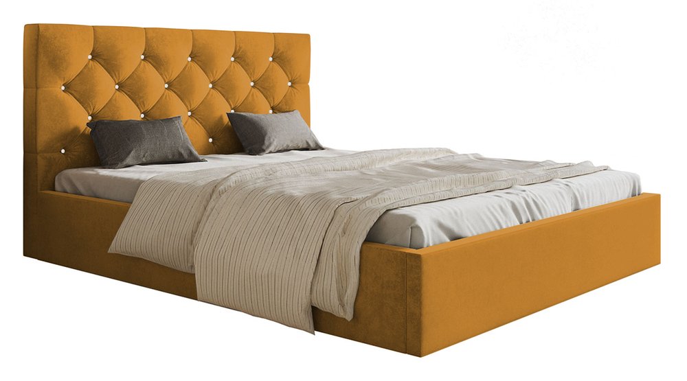 SELSEY Łóżko tapicerowane 160x200 cm Bellaris z pojemnikiem i pikowaniem kryształkami musztardowe