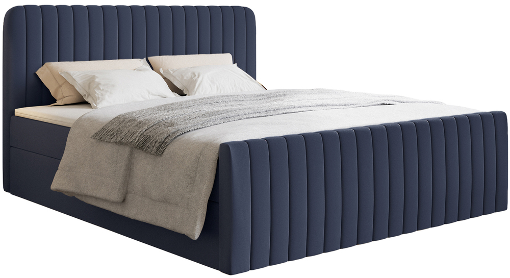 SELSEY Łóżko kontynentalne 160x200 cm Saliano z pojemnikami i topperem granatowe szenil hydrofobowy