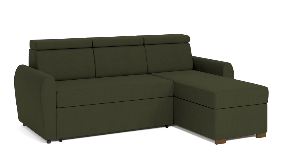 SELSEY Narożnik z funkcją spania Diuno L-kształtny oliwkowy z pojemnikiem welur łatwoczyszczący uniwersalny