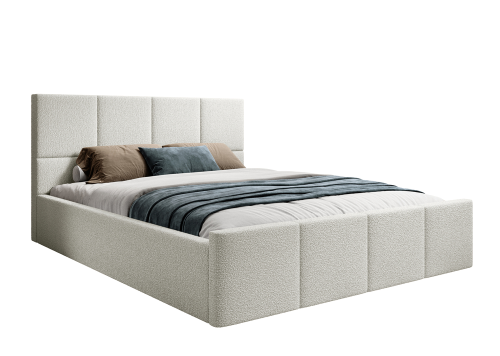 SELSEY Łóżko tapicerowane 160x200 cm Monera kremowe z pojemnikiem stelaż metalowy boucle nogi czarne