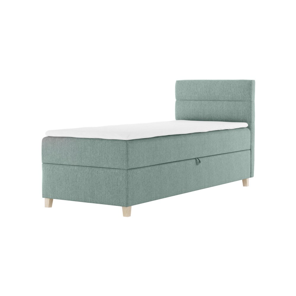 SELSEY Łóżko kontynentalne 80x200 cm Charolle z pojemnikiem i topperem jednoosobowe miętowe welur lewostronne