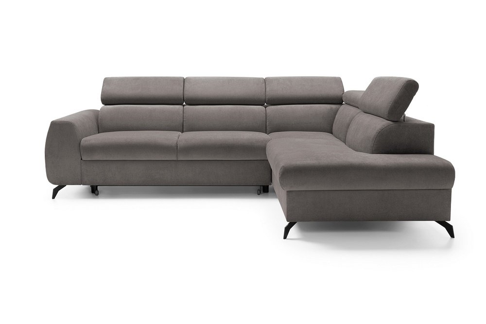 SELSEY Narożnik z funkcją spania Hazryn L-kształtny z regulowanymi zagłówkami i pojemnikiem ciemnoszary welur łatwoczyszczący prawostronny