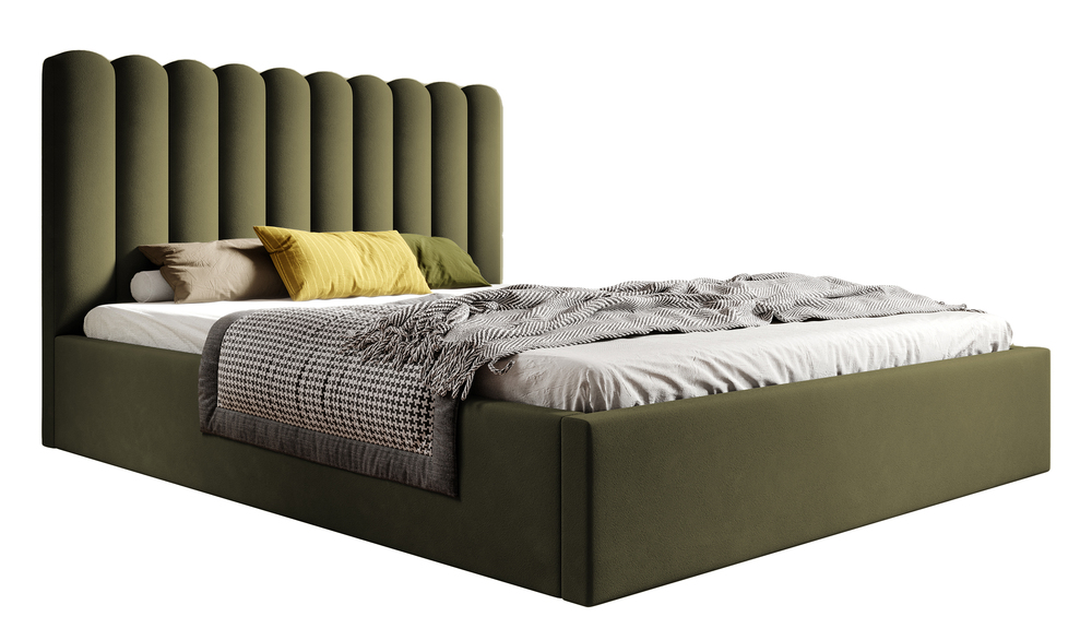 SELSEY Łóżko tapicerowane 180x200 cm Motoba z pojemnikiem i drewnianym stelażem z podnośnikiem sprężynowym oliwkowe welur