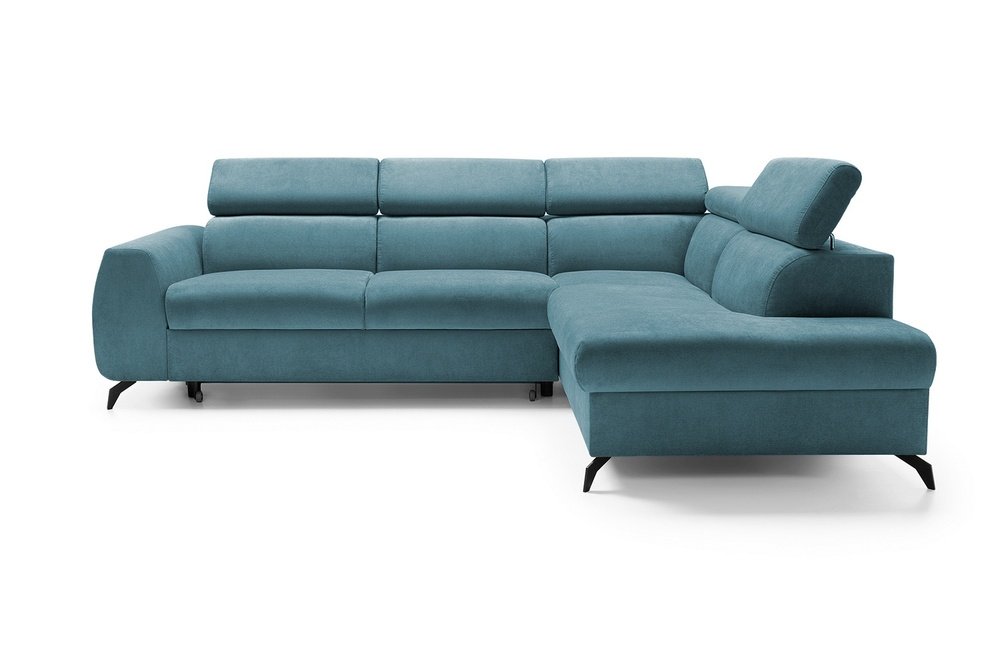 SELSEY Narożnik z funkcją spania Hazryn L-kształtny z regulowanymi zagłówkami i pojemnikiem błękitny welur łatwoczyszczący prawostronny