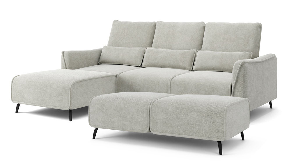 SELSEY Narożnik z funkcją spania Rumbia z pufą L-kształtny jasnoszary z regulowanym oparciem w tkaninie łatwoczyszczcej plecionka nogi czarne lewostro